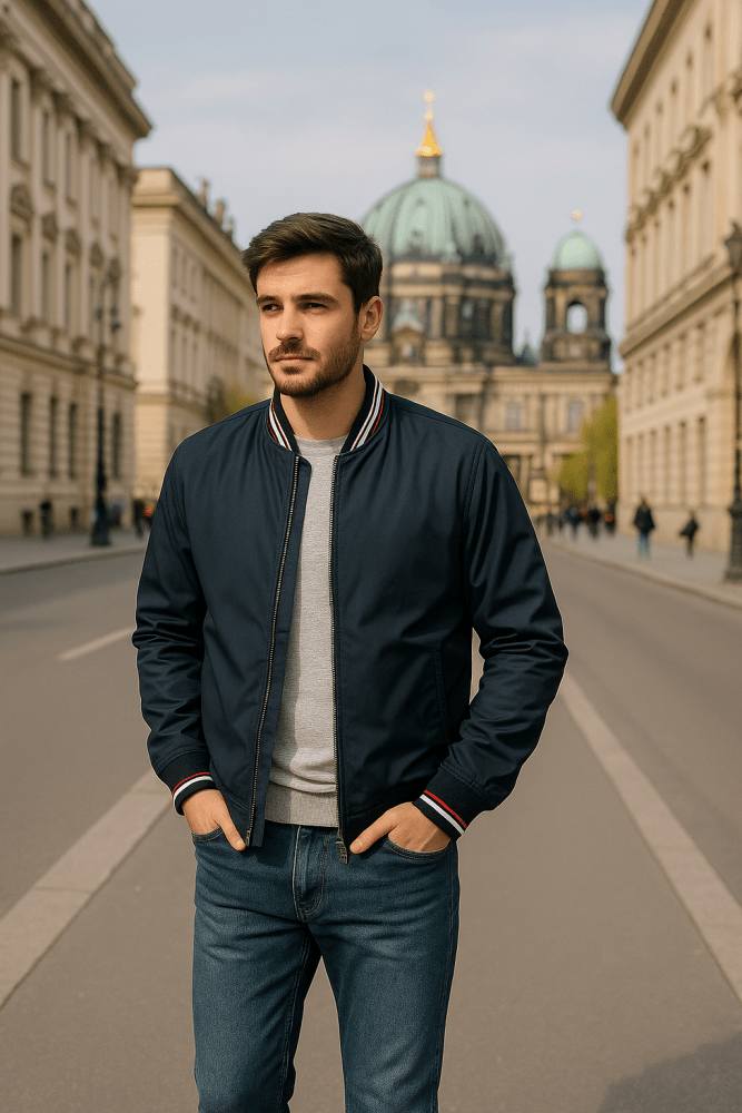 Marineblauer Bomber-Blouson mit Kontrast-Bündchen