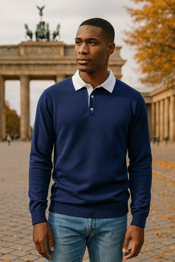 Dunkelblaues Langarm-Poloshirt mit weißem Kontrastkragen