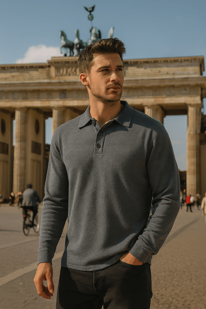 Dunkelgraues Langarm-Poloshirt mit Knopfleiste
