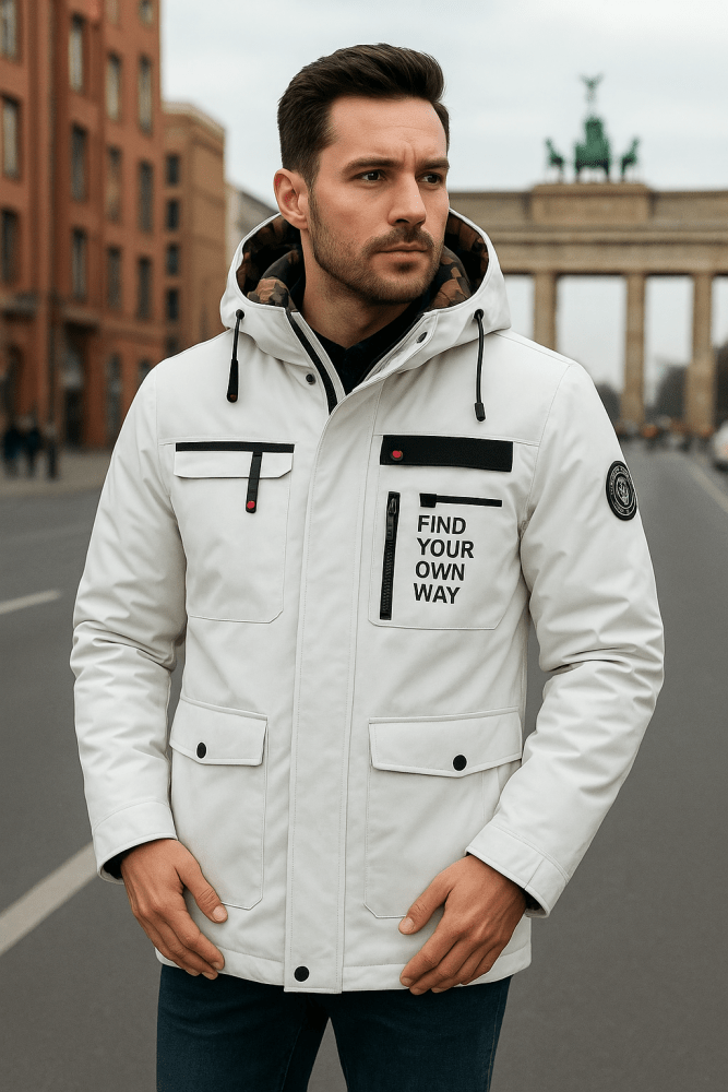 Weiße Kapuzenjacke mit schwarzen Kontrasten und Print