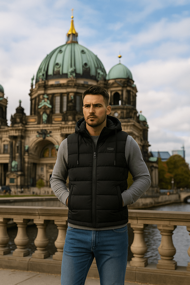 Urbane Kapuzen-Steppweste in mattem Schwarz