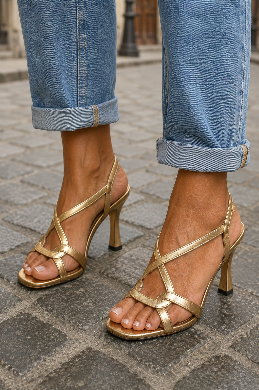 Goldfarbene Slingback-Sandaletten mit Karree-Spitze