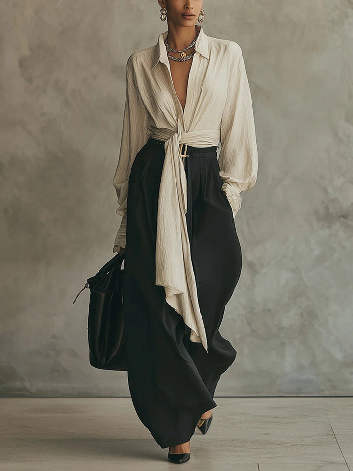 Zweifarbiges Set mit Wickelbluse und Palazzo-Hose
