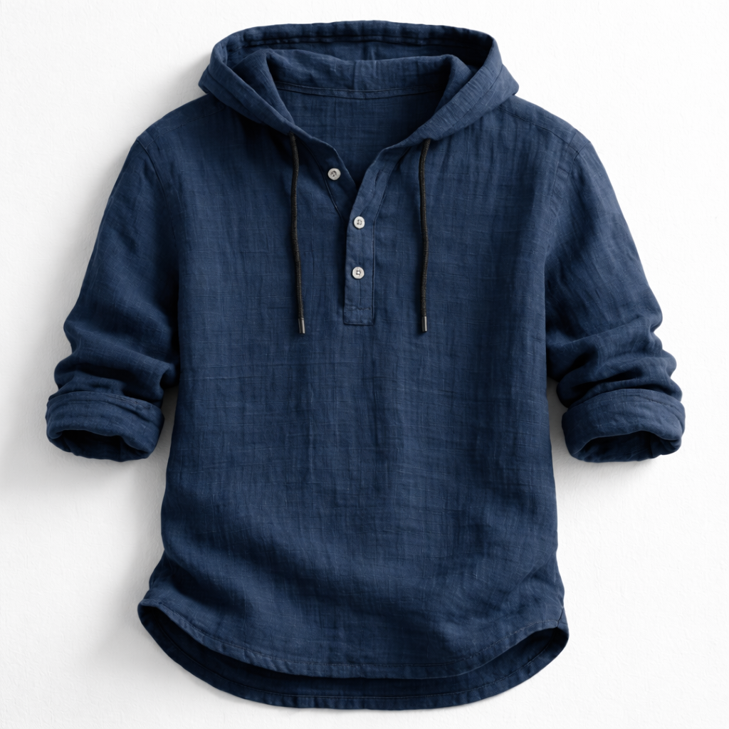 Schwarzes Kapuzenhemd mit Henley-Knopfleiste