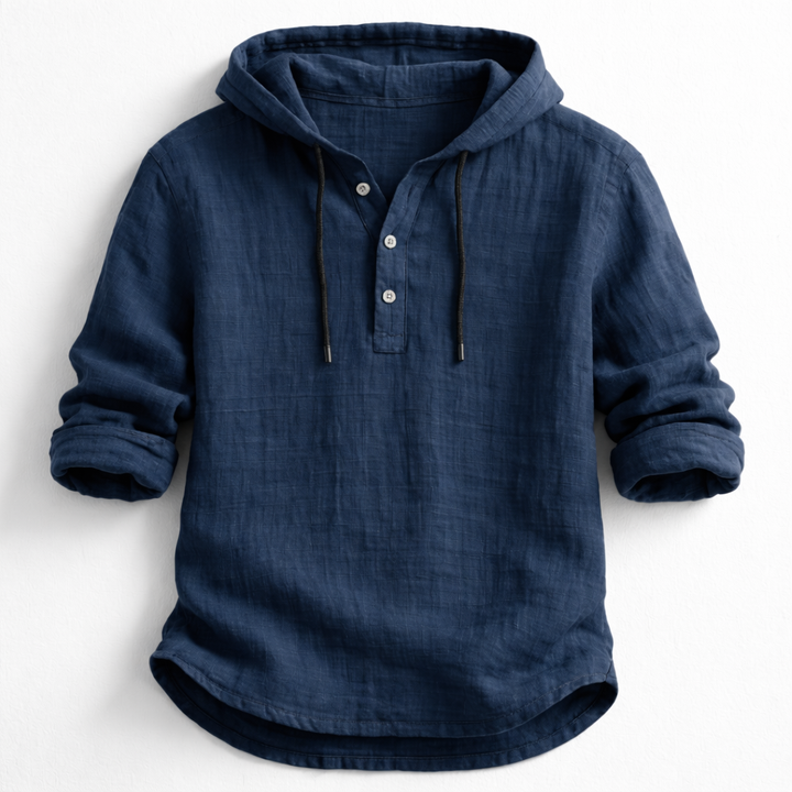 Schwarzes Kapuzenhemd mit Henley-Knopfleiste