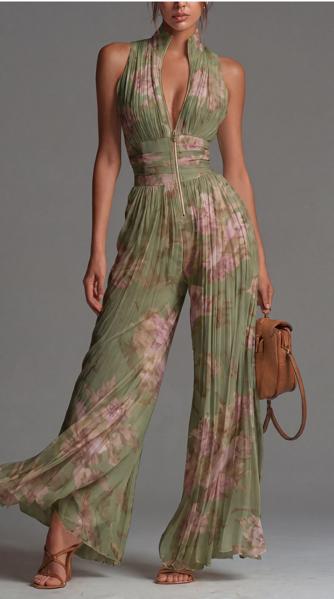 Salbeigrüner Plissee-Jumpsuit mit romantischem Blumenmuster