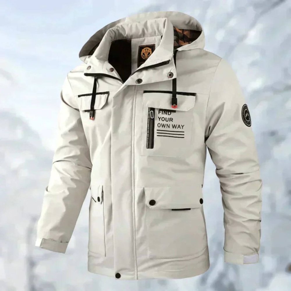 Weiße Kapuzenjacke mit schwarzen Kontrasten und Print