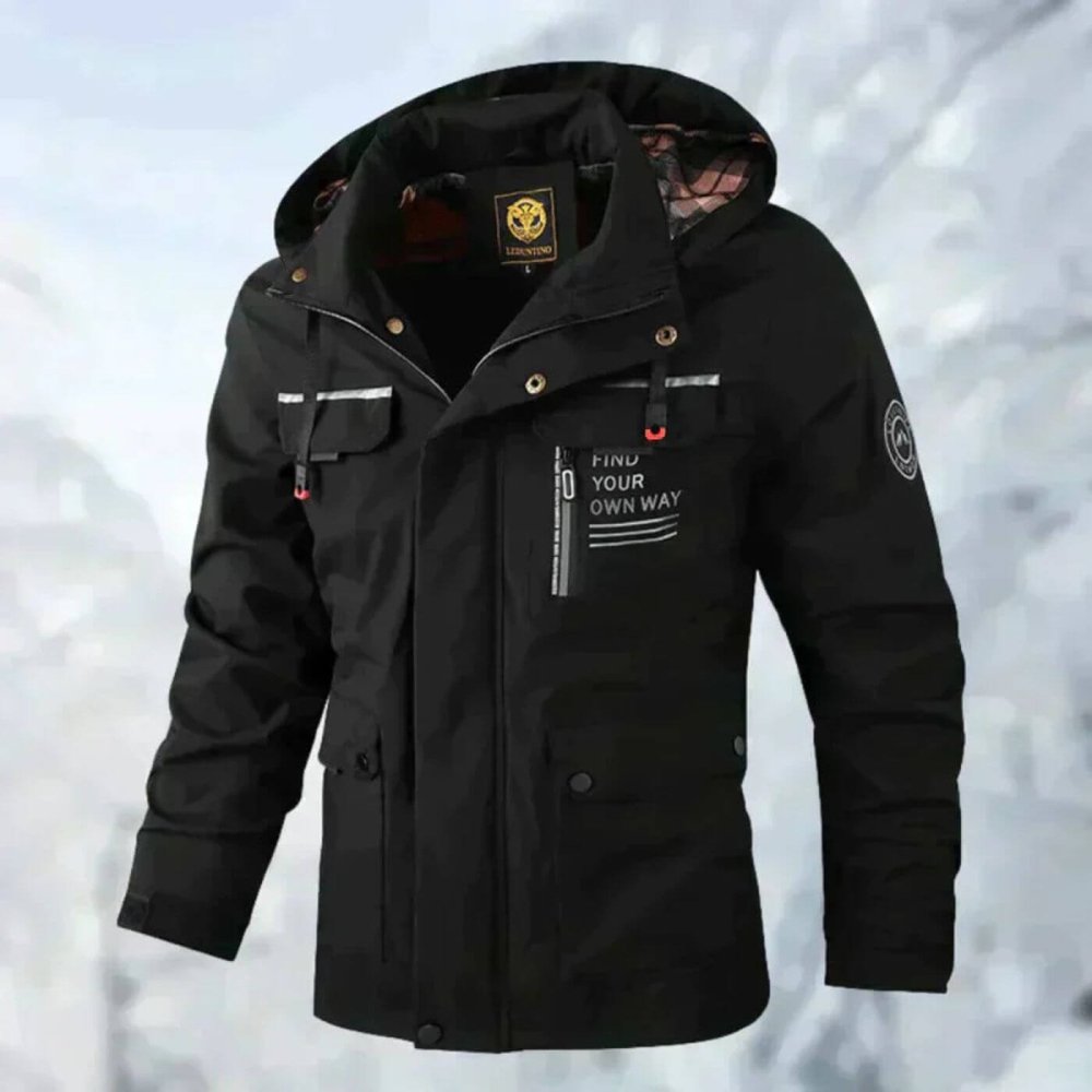 Weiße Kapuzenjacke mit schwarzen Kontrasten und Print