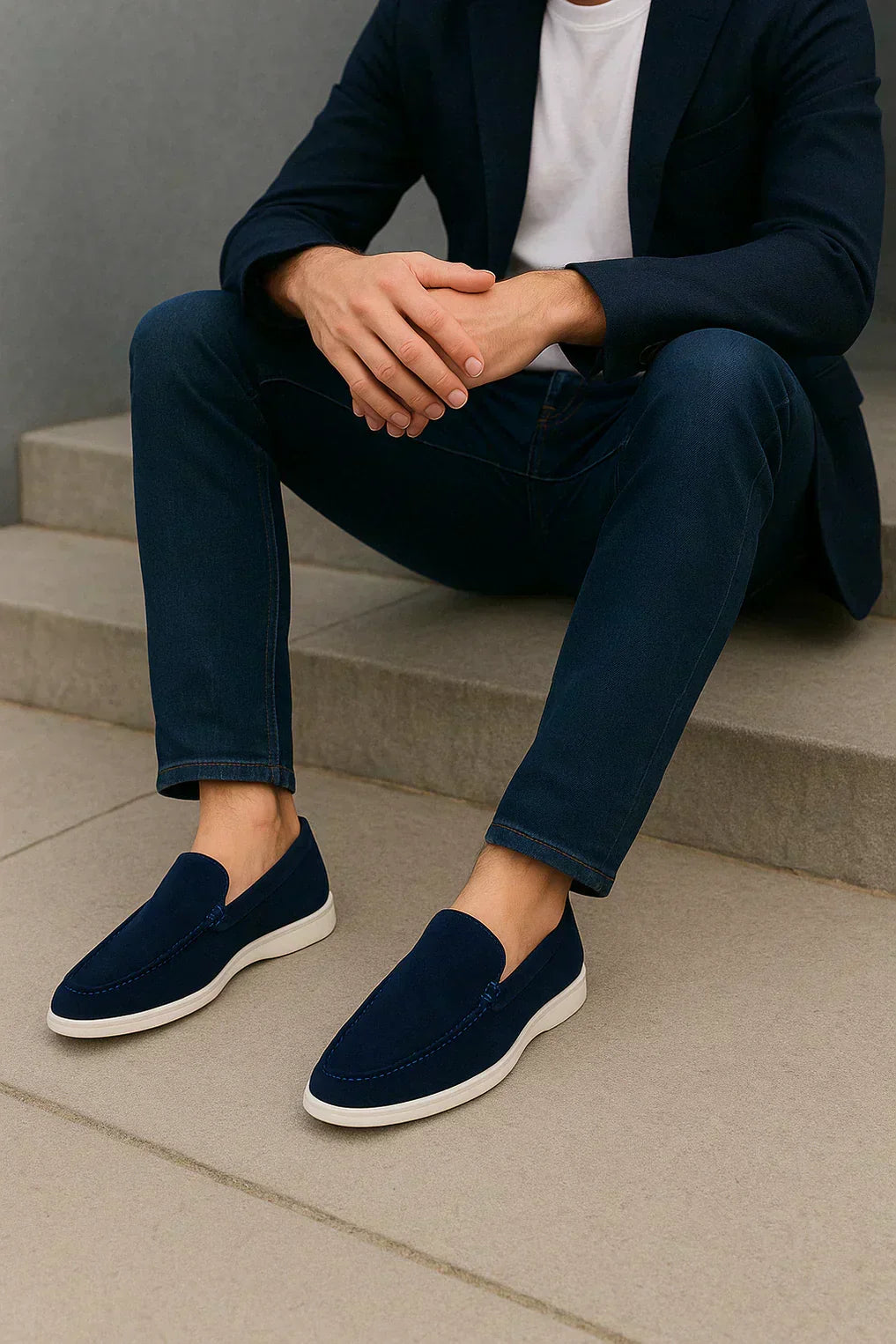 Schwarzer Veloursleder-Loafer mit heller Sohle