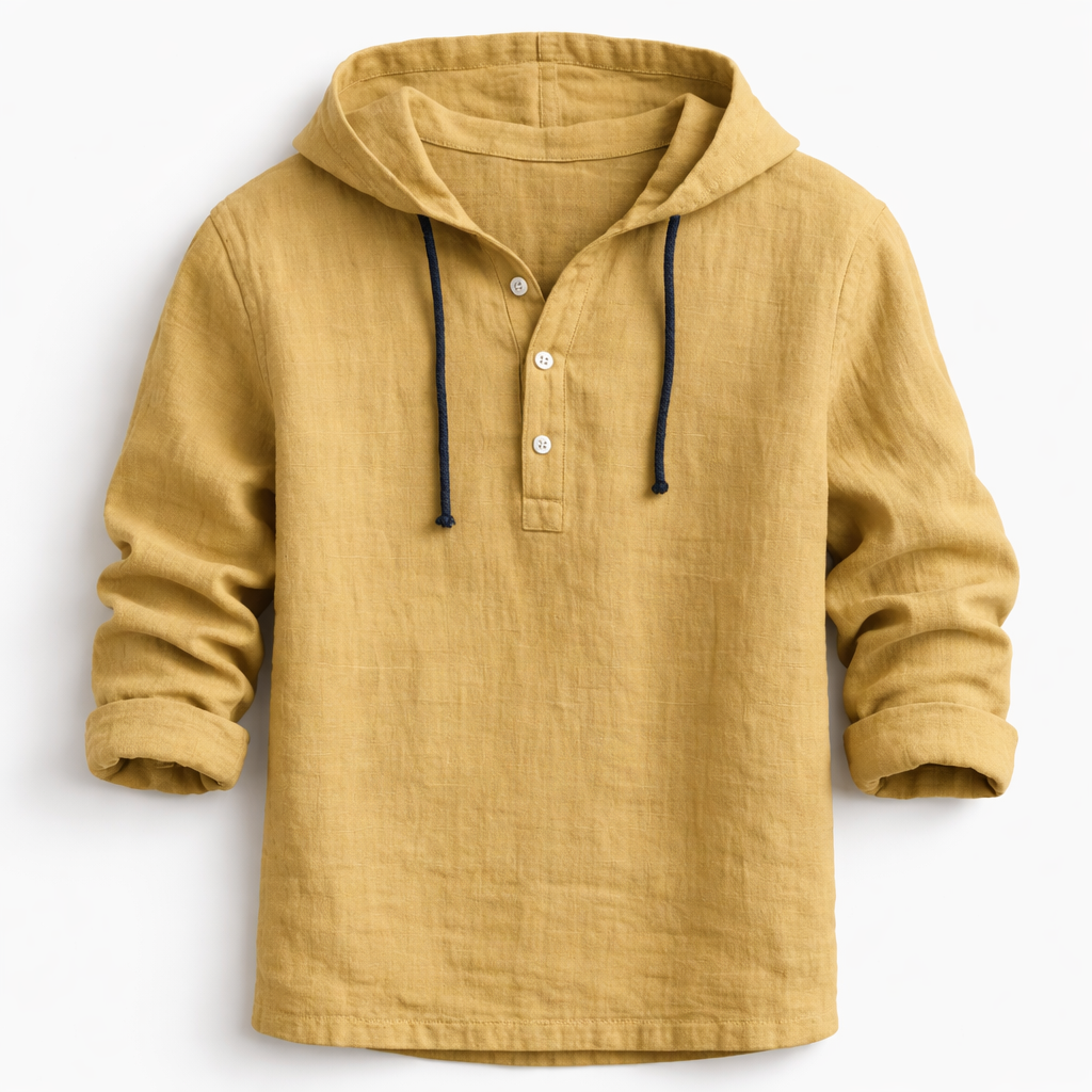 Schwarzes Kapuzenhemd mit Henley-Knopfleiste