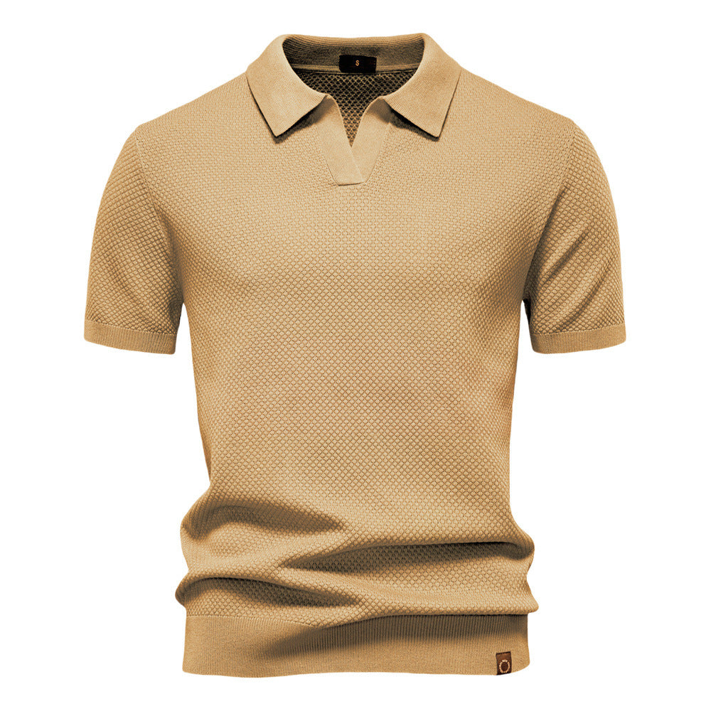Dunkelblaues Strick-Poloshirt mit V-Ausschnitt-Kragen