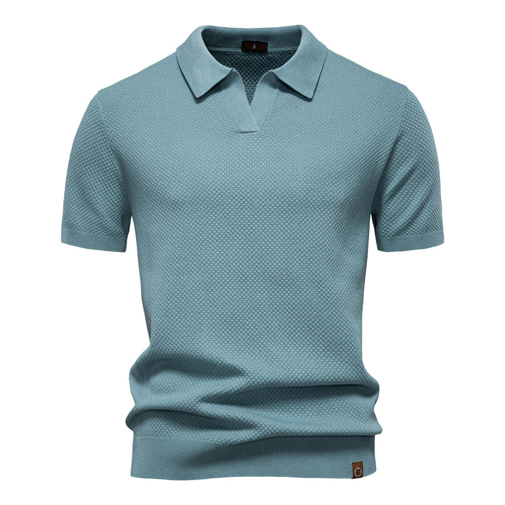 Dunkelblaues Strick-Poloshirt mit V-Ausschnitt-Kragen