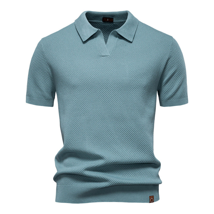 Dunkelblaues Strick-Poloshirt mit V-Ausschnitt-Kragen