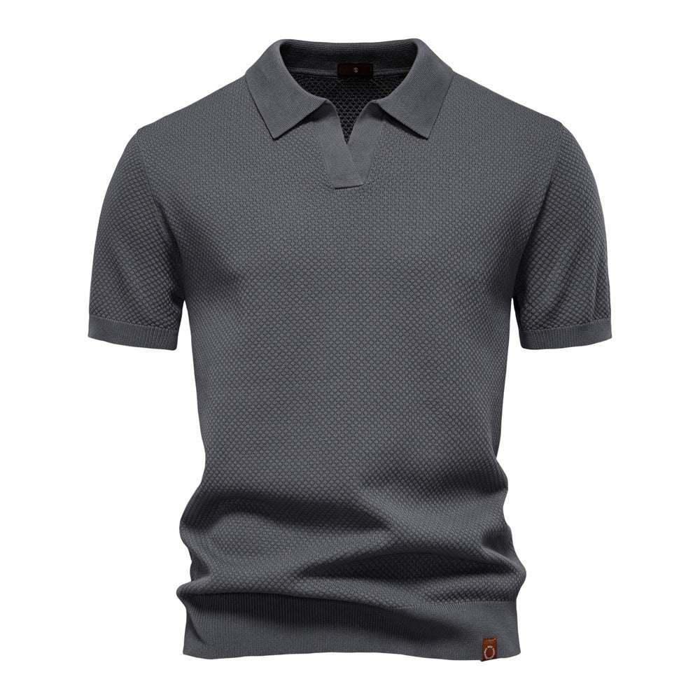 Dunkelblaues Strick-Poloshirt mit V-Ausschnitt-Kragen