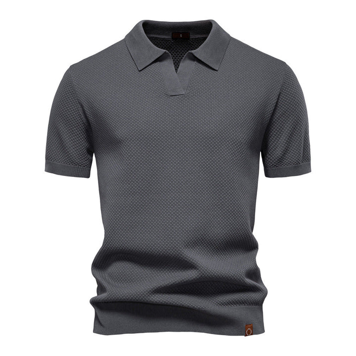Dunkelblaues Strick-Poloshirt mit V-Ausschnitt-Kragen