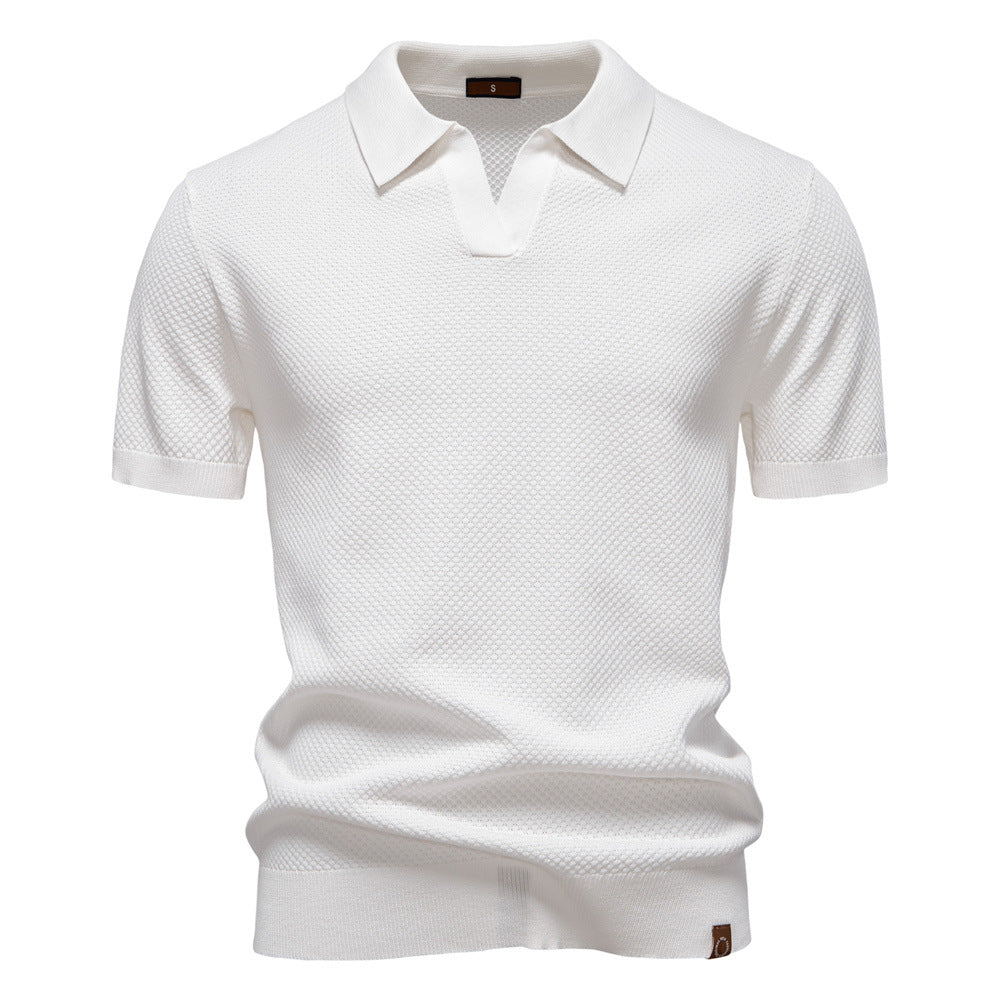 Dunkelblaues Strick-Poloshirt mit V-Ausschnitt-Kragen