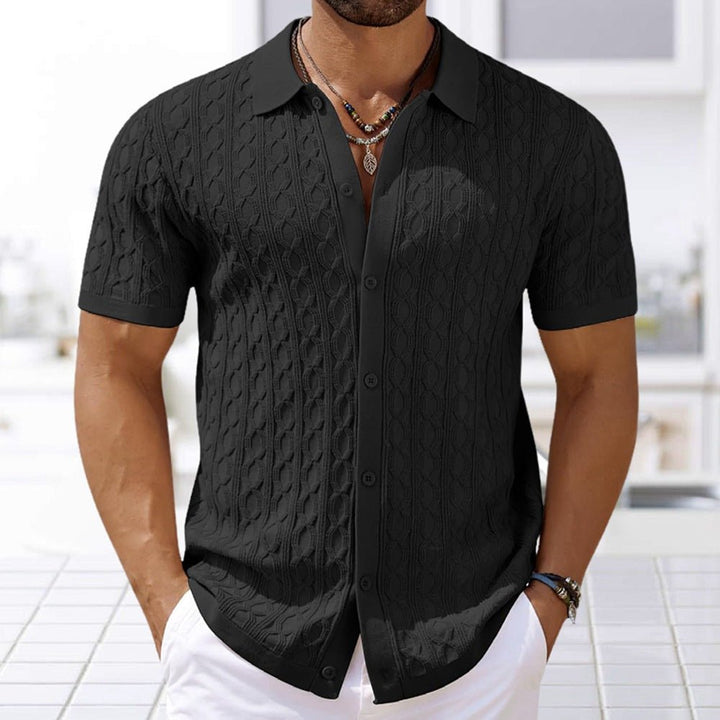Beige Strick-Poloshirt mit durchgehender Knopfleiste