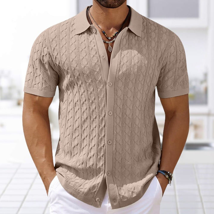 Beige Strick-Poloshirt mit durchgehender Knopfleiste