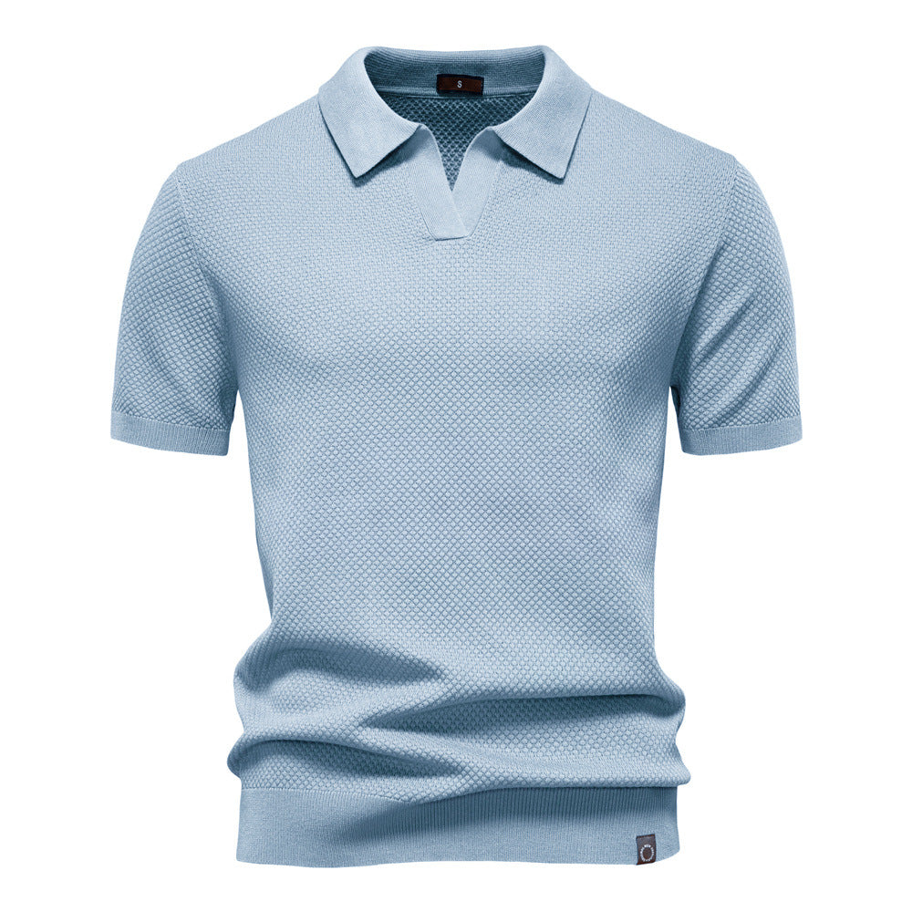 Dunkelblaues Strick-Poloshirt mit V-Ausschnitt-Kragen