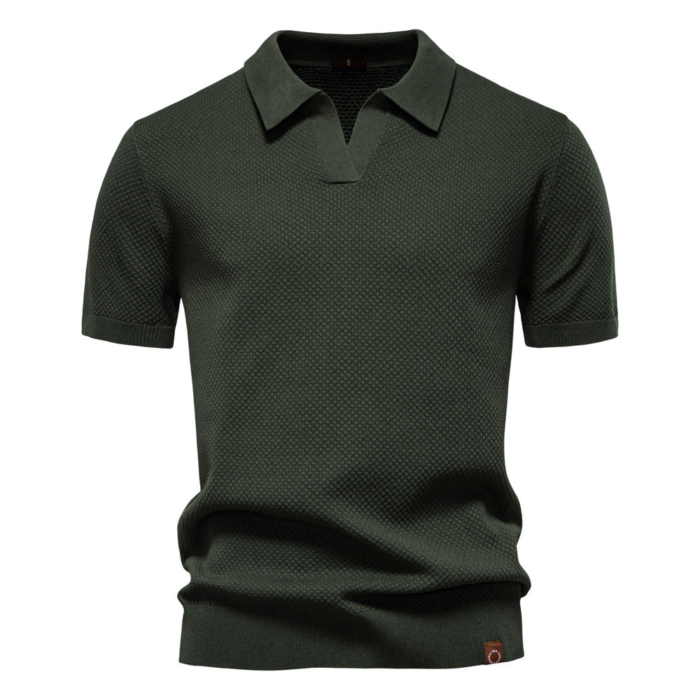 Dunkelblaues Strick-Poloshirt mit V-Ausschnitt-Kragen