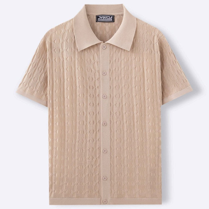 Beige Strick-Poloshirt mit durchgehender Knopfleiste
