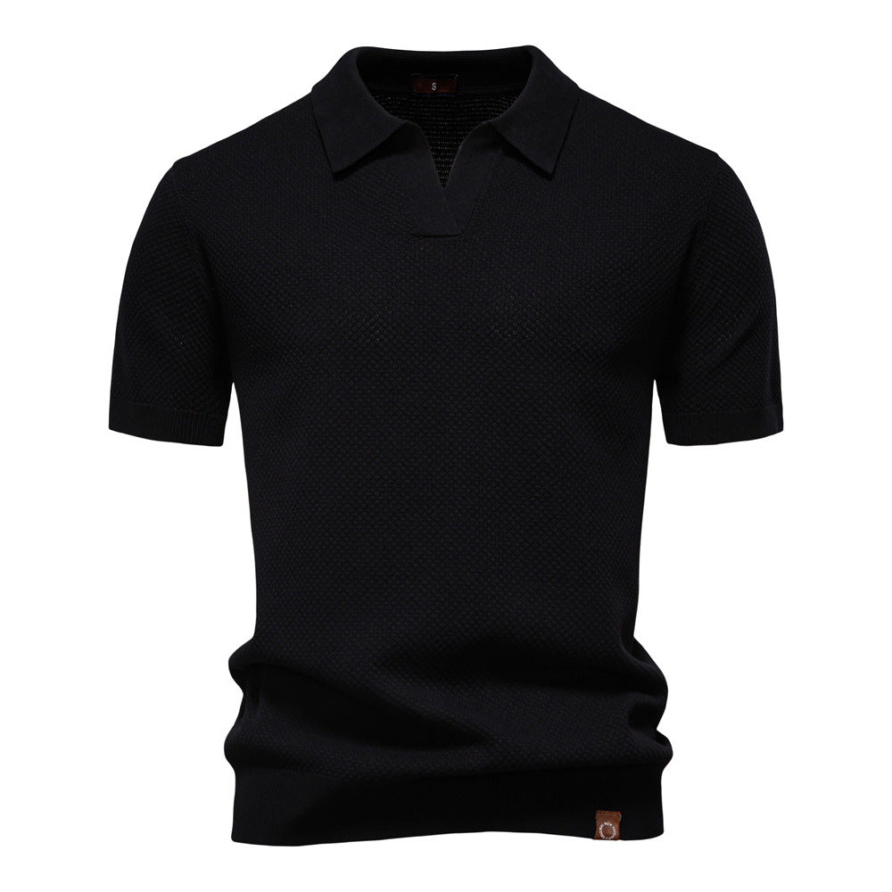 Dunkelblaues Strick-Poloshirt mit V-Ausschnitt-Kragen