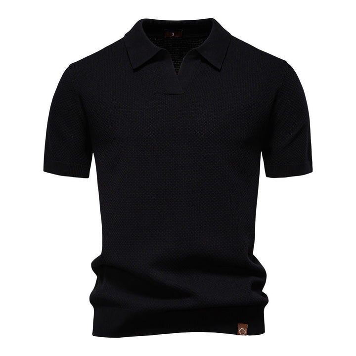 Dunkelblaues Strick-Poloshirt mit V-Ausschnitt-Kragen