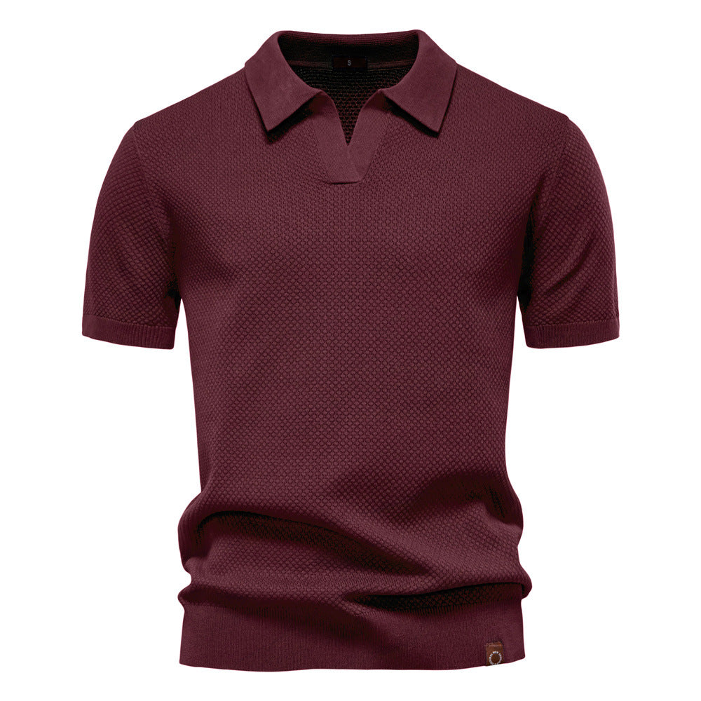Dunkelblaues Strick-Poloshirt mit V-Ausschnitt-Kragen