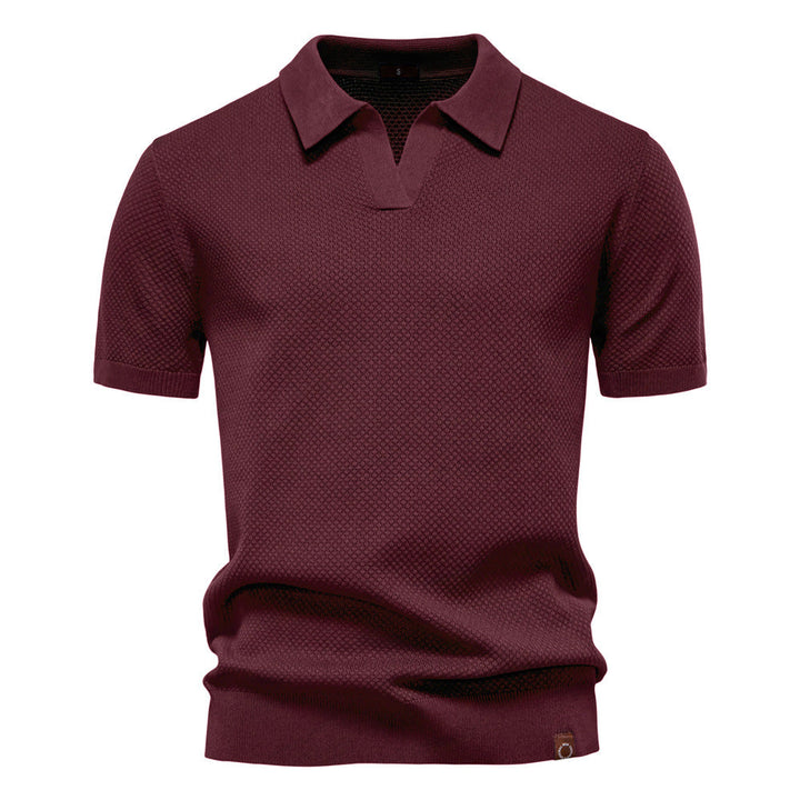 Dunkelblaues Strick-Poloshirt mit V-Ausschnitt-Kragen
