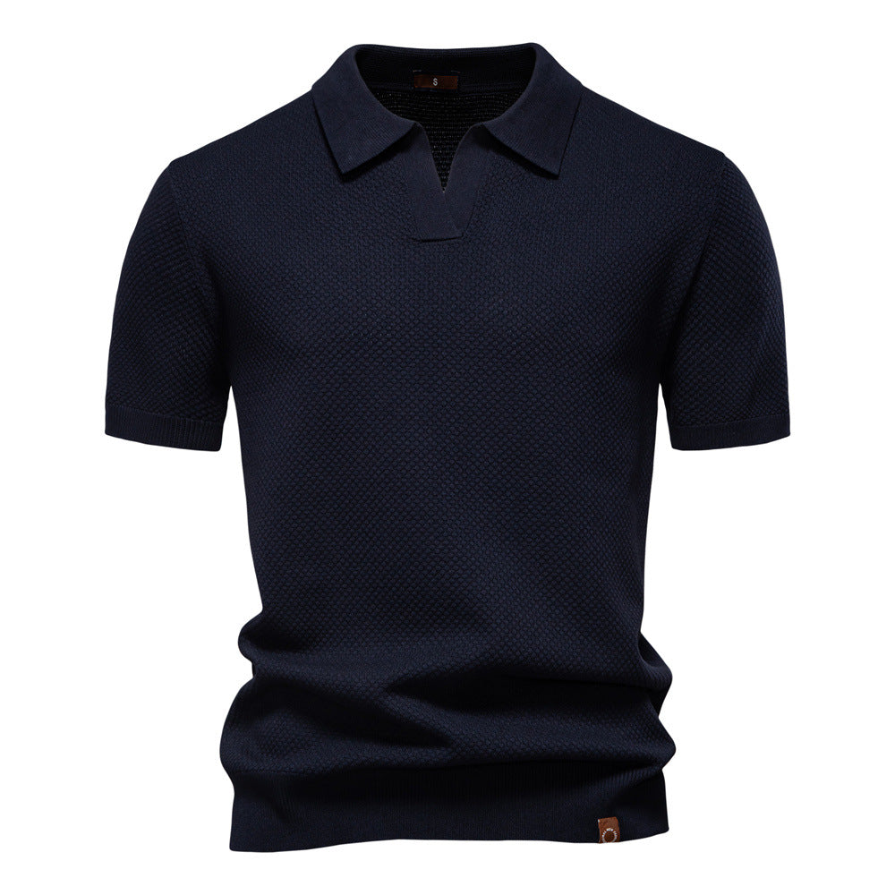 Dunkelblaues Strick-Poloshirt mit V-Ausschnitt-Kragen