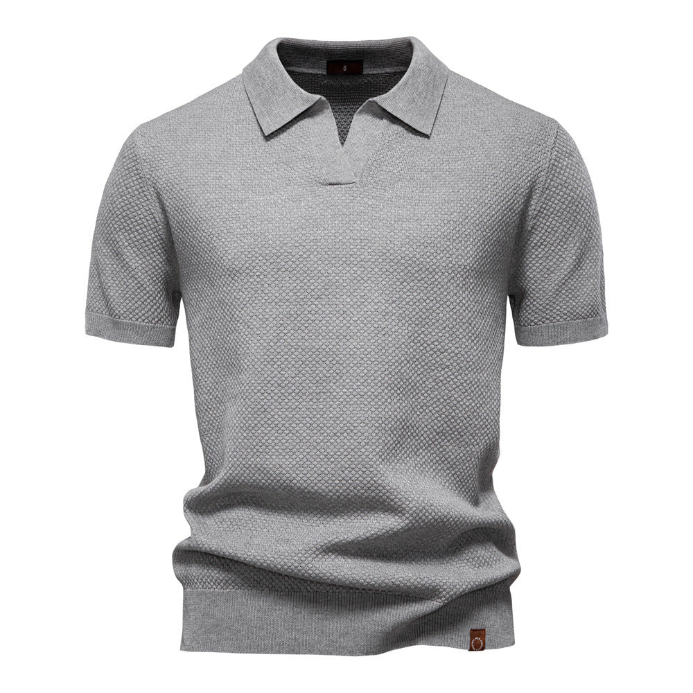 Dunkelblaues Strick-Poloshirt mit V-Ausschnitt-Kragen