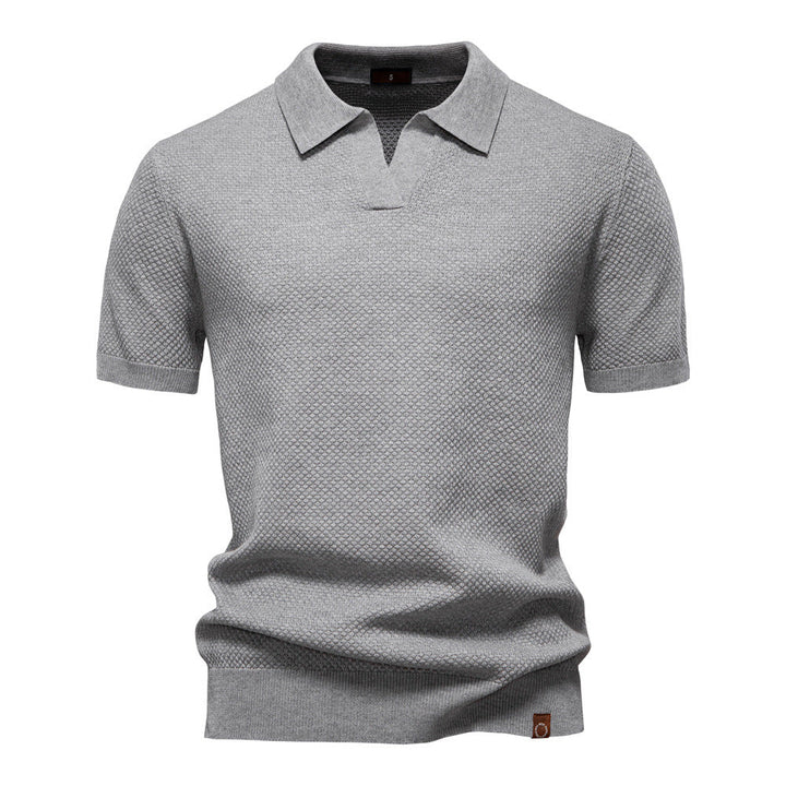 Dunkelblaues Strick-Poloshirt mit V-Ausschnitt-Kragen