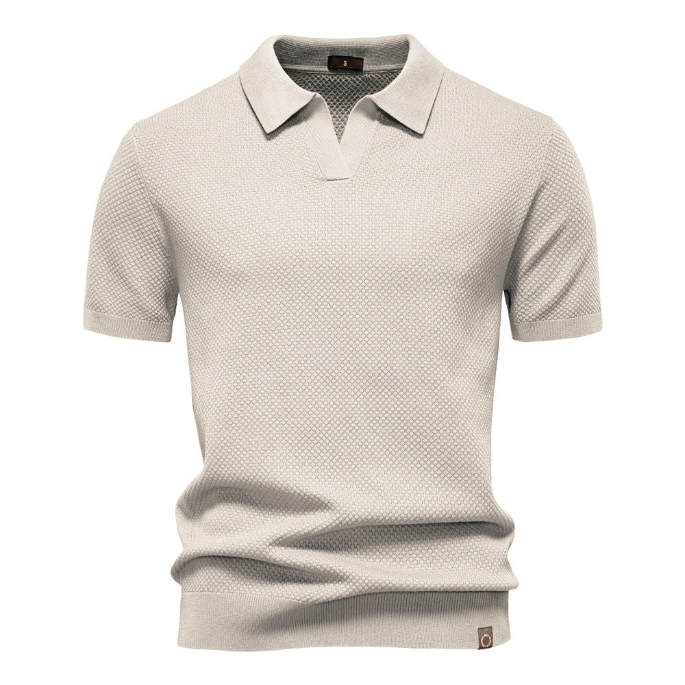 Dunkelblaues Strick-Poloshirt mit V-Ausschnitt-Kragen