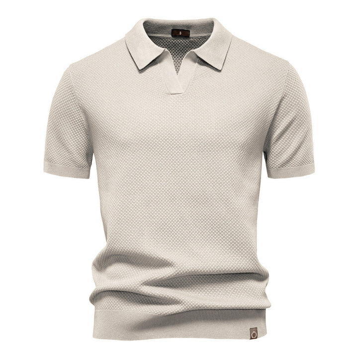 Dunkelblaues Strick-Poloshirt mit V-Ausschnitt-Kragen