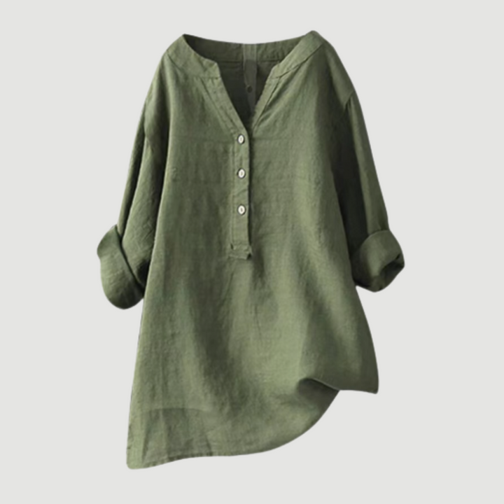 Schwarze Damen-Leinenbluse mit V-Ausschnitt und Knopfleiste