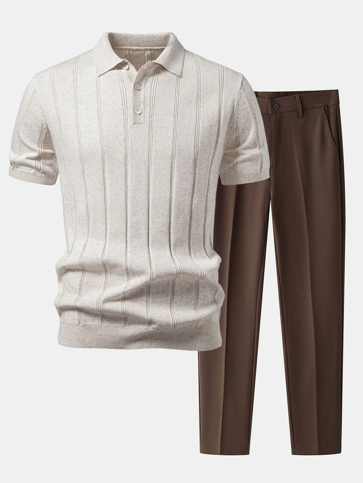 Elegantes Strickpolo Zweiteiler-Set mit Textur in Beige & Braun