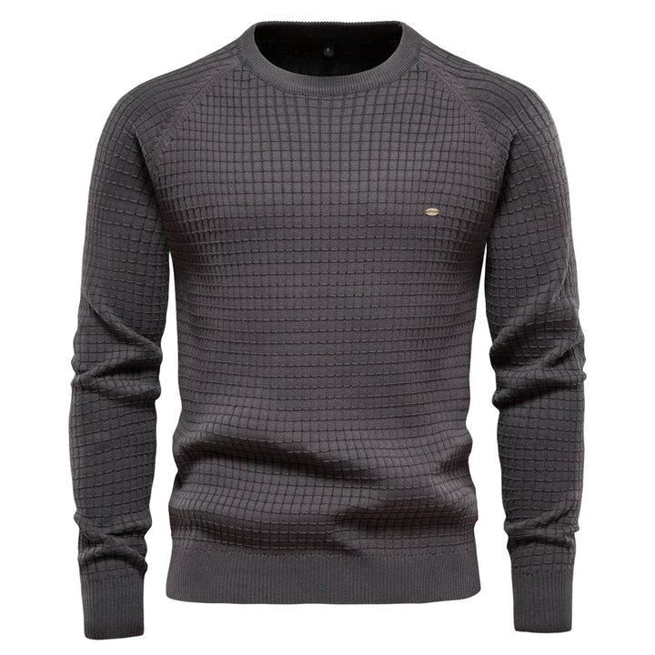 Blauer Waffelstrick-Pullover mit Rundhalsausschnitt