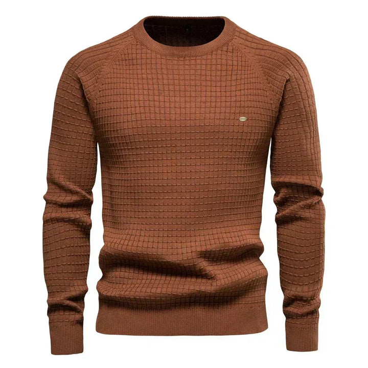 Blauer Waffelstrick-Pullover mit Rundhalsausschnitt
