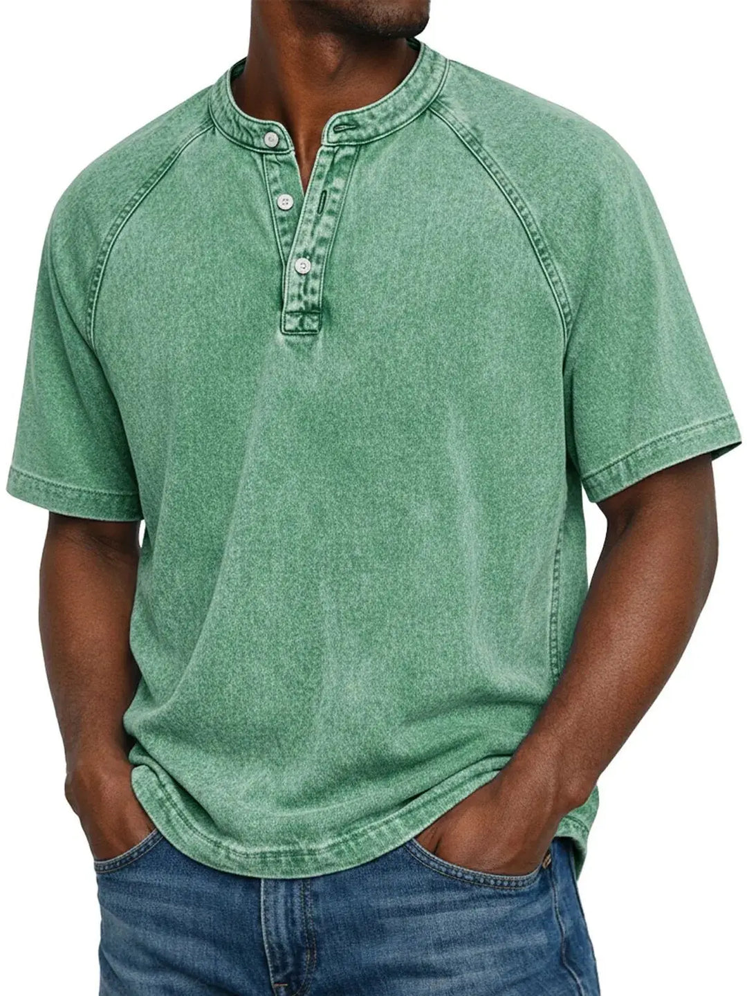 Dunkelgraues Kurzarm-Shirt mit Henley-Ausschnitt und Raglanärmeln