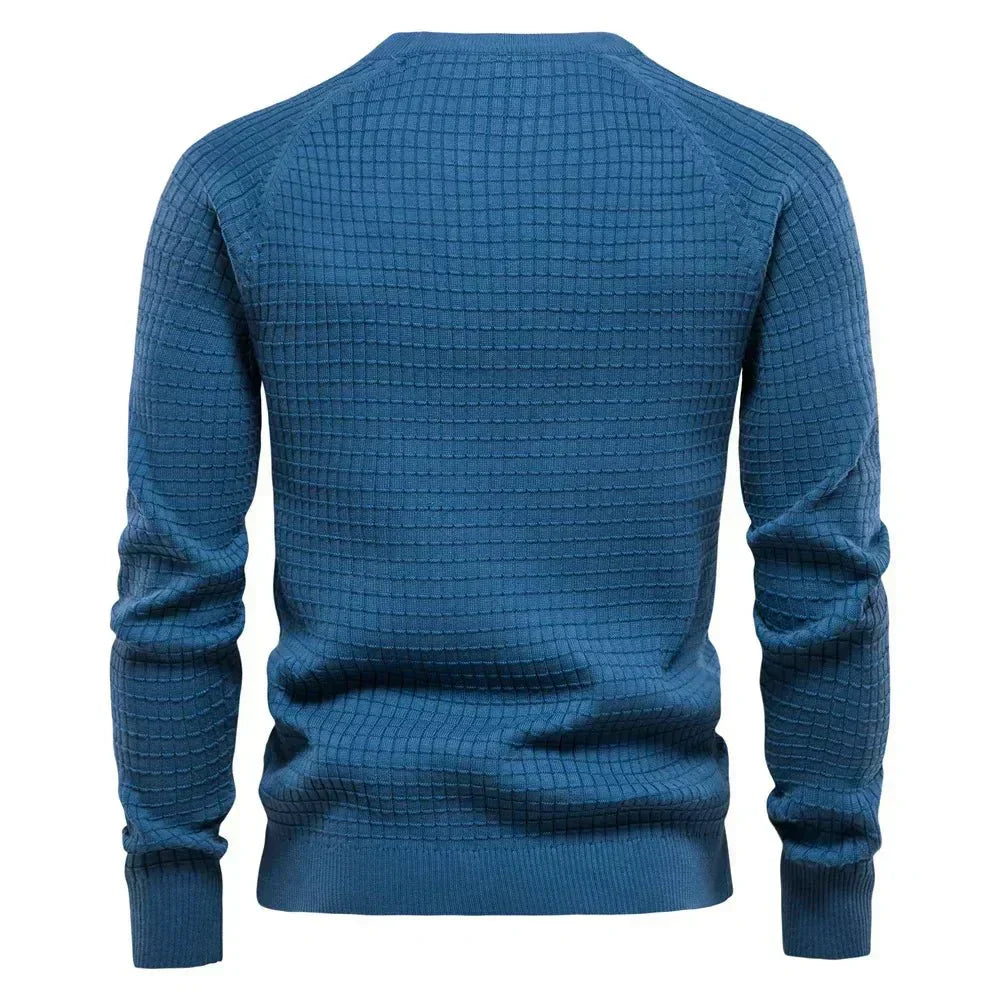 Blauer Waffelstrick-Pullover mit Rundhalsausschnitt