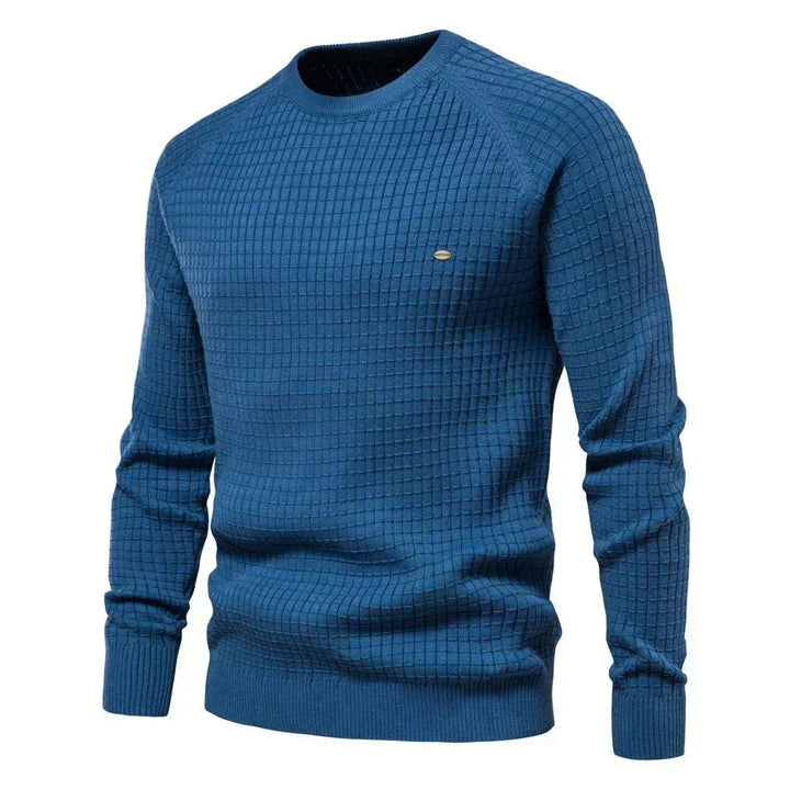 Blauer Waffelstrick-Pullover mit Rundhalsausschnitt