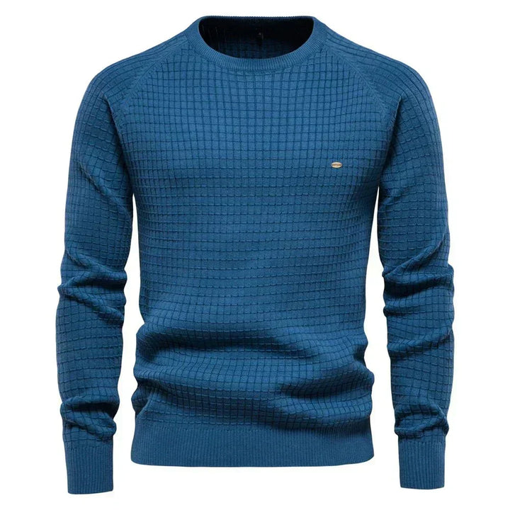 Blauer Waffelstrick-Pullover mit Rundhalsausschnitt