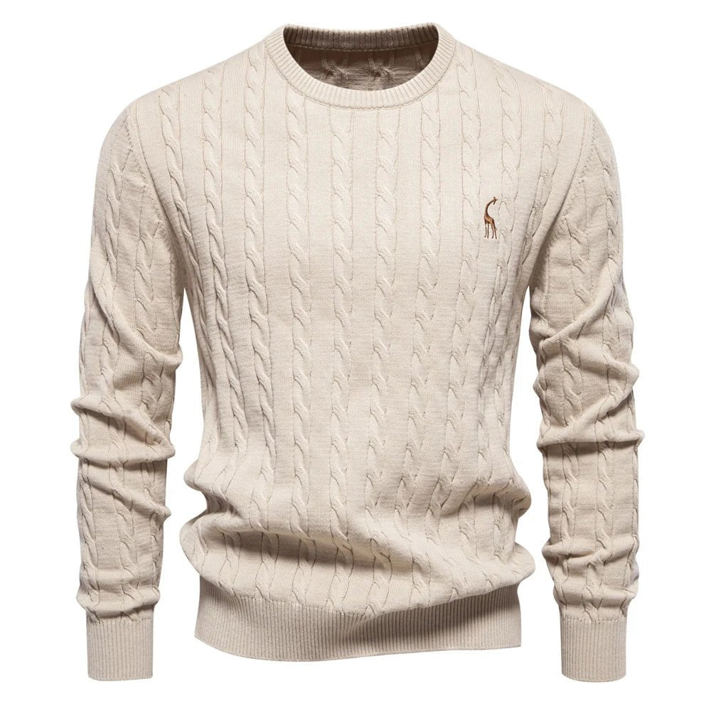 Marineblauer Zopfstrickpullover mit rotem Logo-Detail
