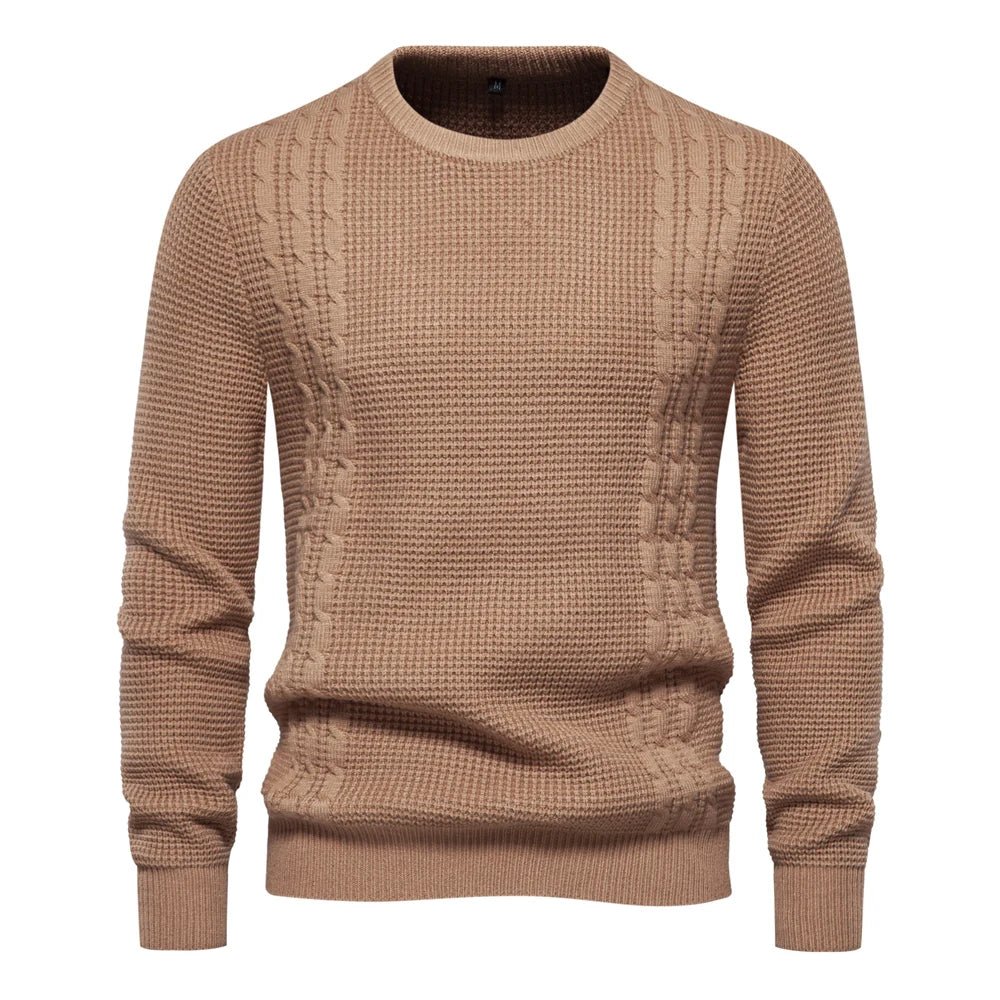Camelbrauner Waffelstrick-Pullover mit Zopfmuster-Details
