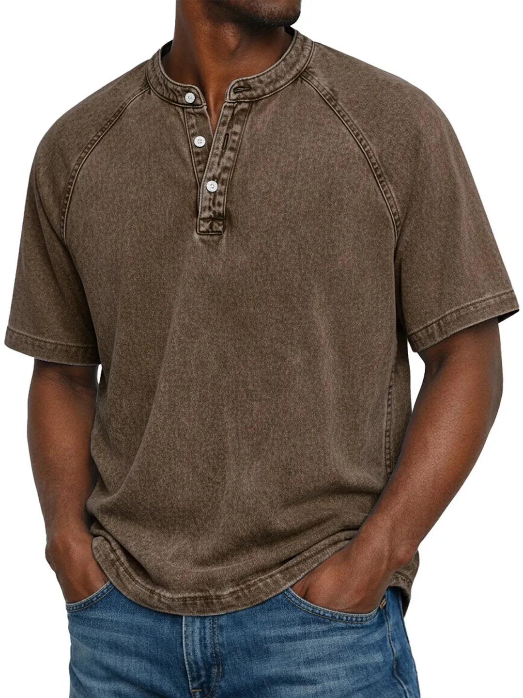 Dunkelgraues Kurzarm-Shirt mit Henley-Ausschnitt und Raglanärmeln