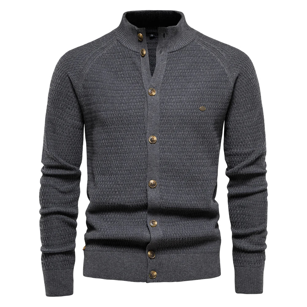 Olivgrüner Stehkragen-Cardigan mit feiner Struktur