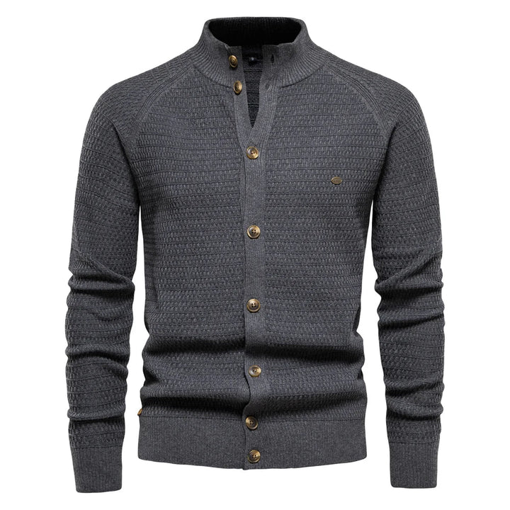 Olivgrüner Stehkragen-Cardigan mit feiner Struktur