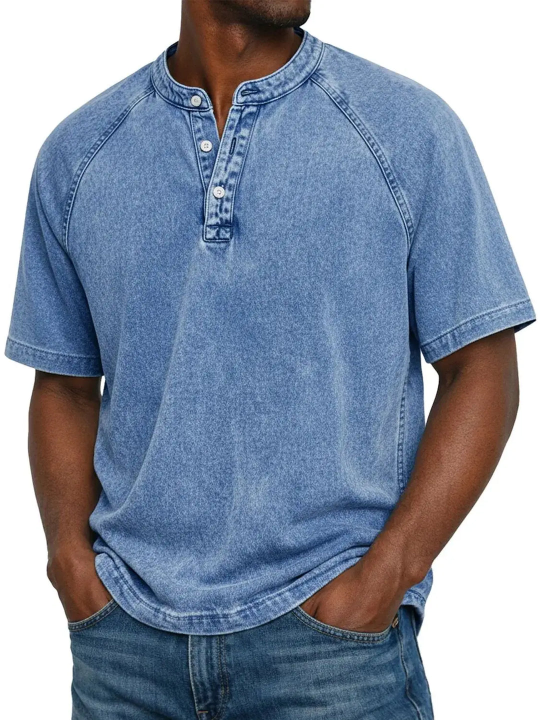 Dunkelgraues Kurzarm-Shirt mit Henley-Ausschnitt und Raglanärmeln