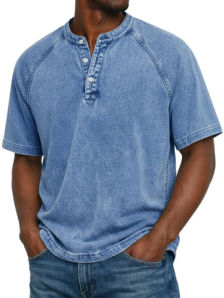Dunkelgraues Kurzarm-Shirt mit Henley-Ausschnitt und Raglanärmeln