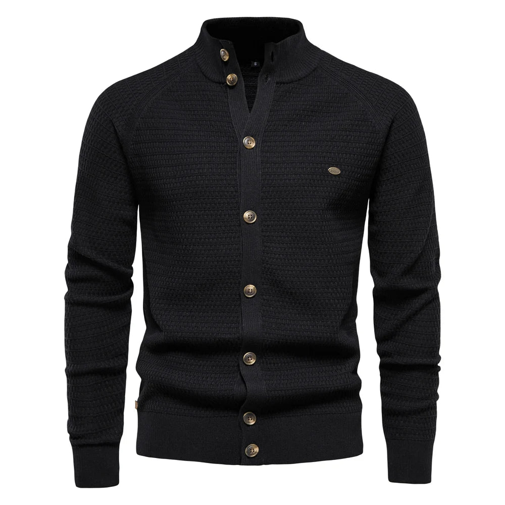 Olivgrüner Stehkragen-Cardigan mit feiner Struktur